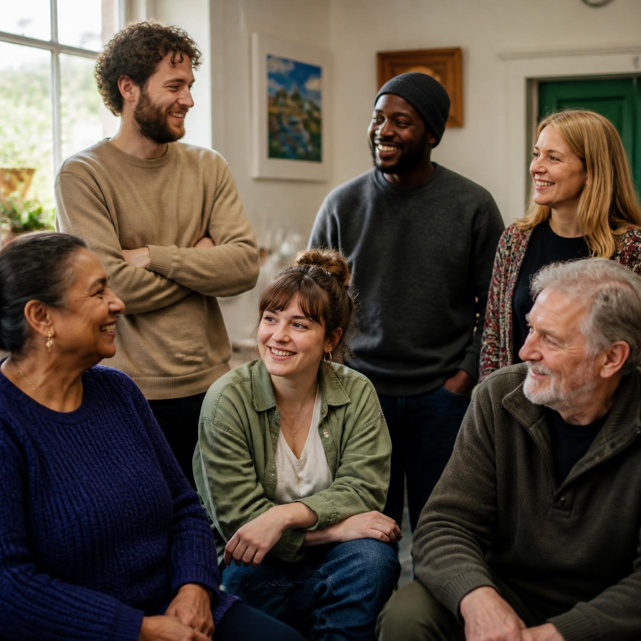 A mixed group of people of different ages and backgrounds talking together in a bright room